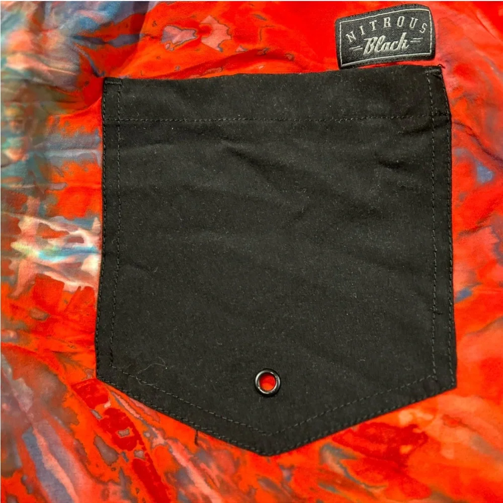 NITROUS BLACK Red and Blue Swim Trunks Vibrant Tie-Dye Design S